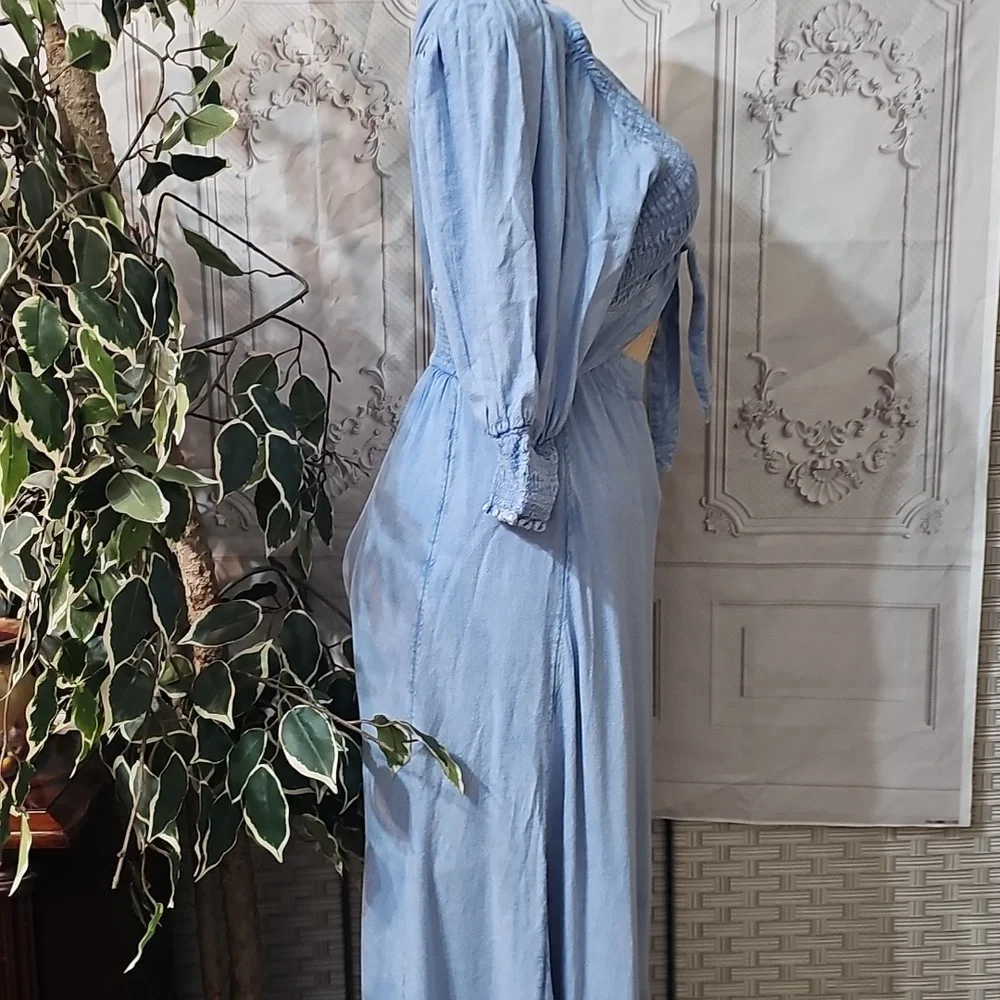 Free People String of Hearts Smocked V-neck Cut-out Button-Down Maxi Dre… - Picture 8 of 14